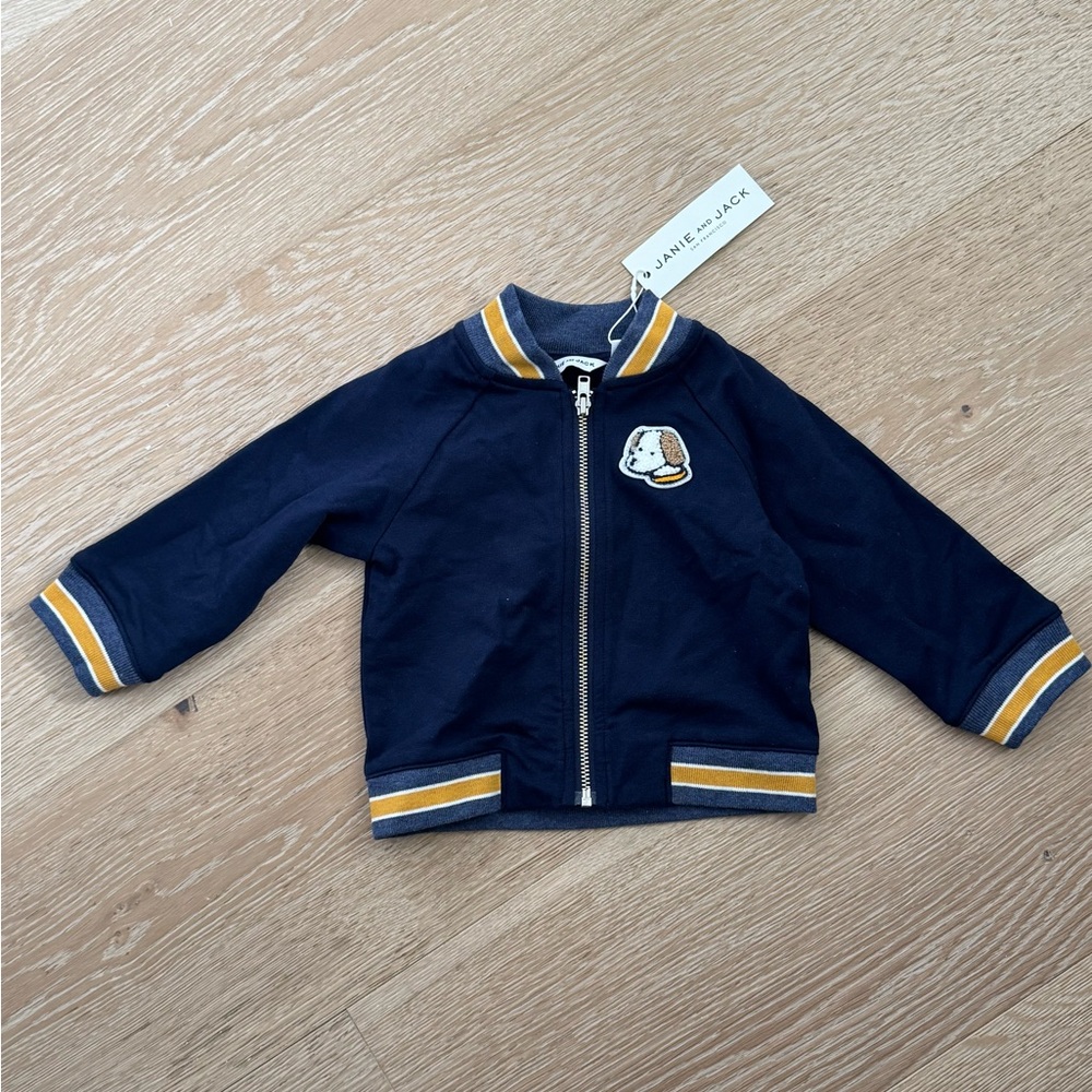 NWT Janie & Jack Navy Varsity Jacket w Yellow & Gray Stripes and Dog